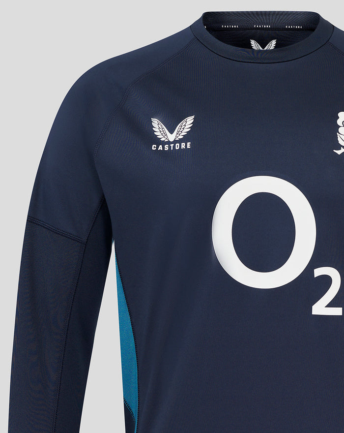 Navy Men's England Rugby long sleeve drill top close up with O2 logo center, rose crest left chest and Castore branding.