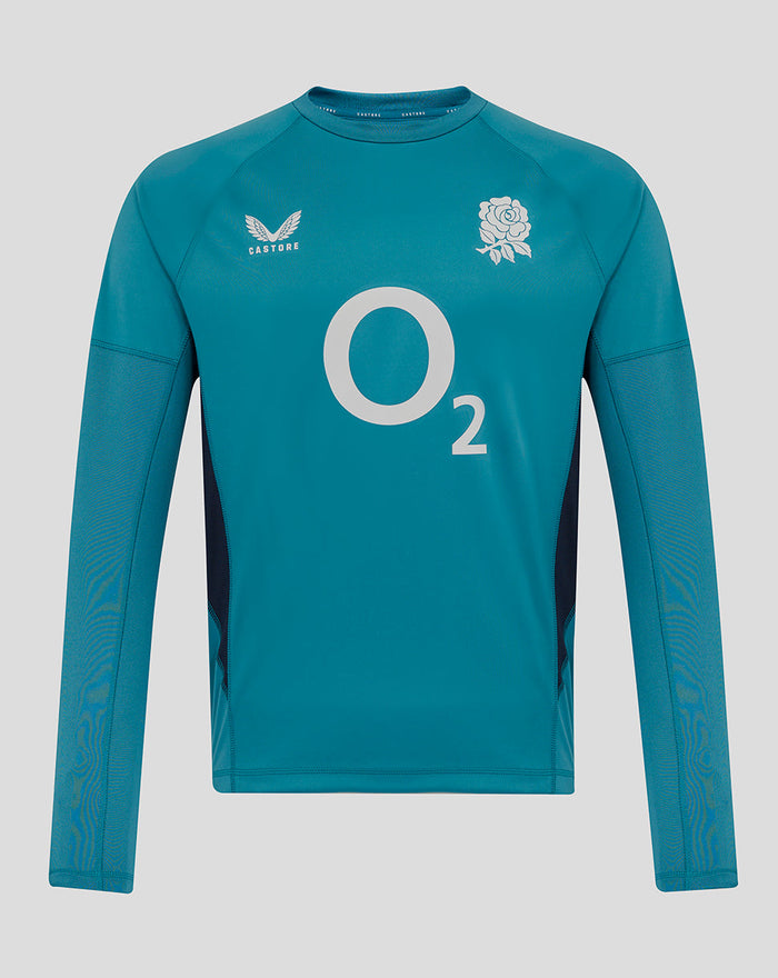 Front view of teal England Rugby drill top with rose crest left chest, Castore logo right chest and large O2 sponsor.