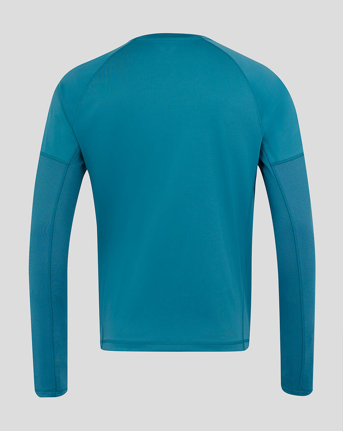 Back view of teal long sleeve England Rugby drill top showing panel construction and raglan shoulder seams.