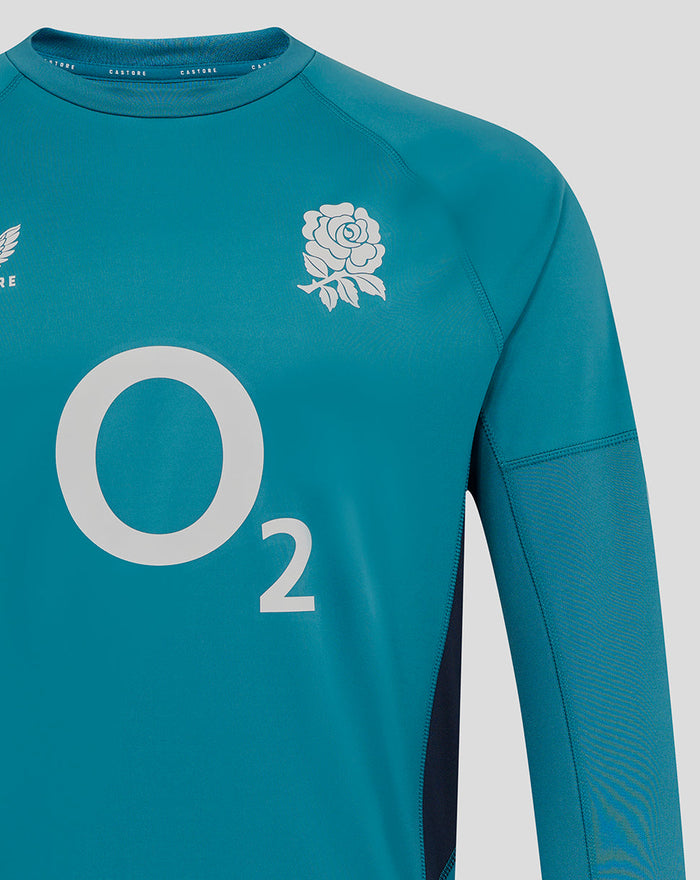Storm blue long sleeve rugby drill top with rose crest on the chest and a large O2 logo across the front; Castore branding on the right chest.