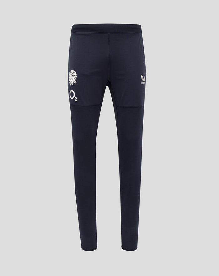 Back view of navy England Rugby Contact Drill Pants with O2 logo and rose crest on the thigh and Castore branding