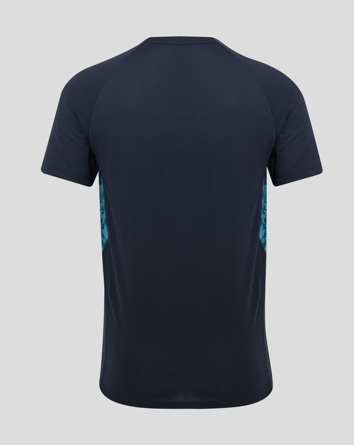 Back view of navy England Rugby Performance T Shirt with teal patterned side panels