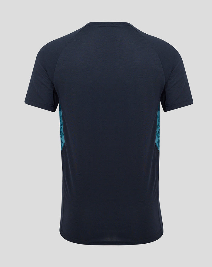 Front view of navy England Rugby performance short sleeve T shirt with large O2 logo center, rose crest left chest, Castore logo right chest and teal side panels.