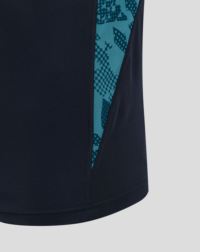 Shoulder and chest area of navy England Rugby T shirt with teal side panel and Castore branding inside the neck