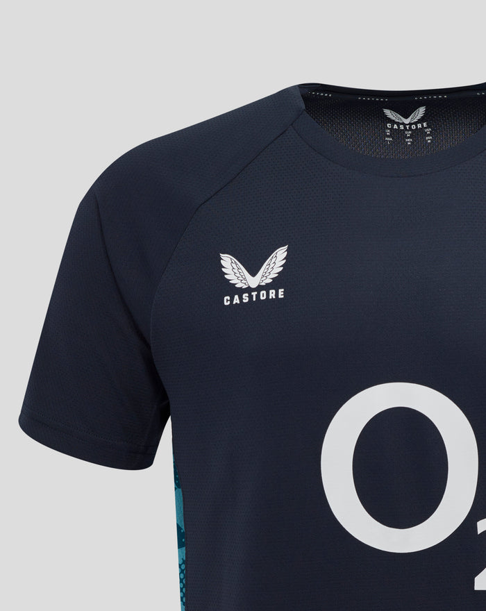 Front of navy England Rugby T shirt with teal side panel and a large white graphic on the lower front