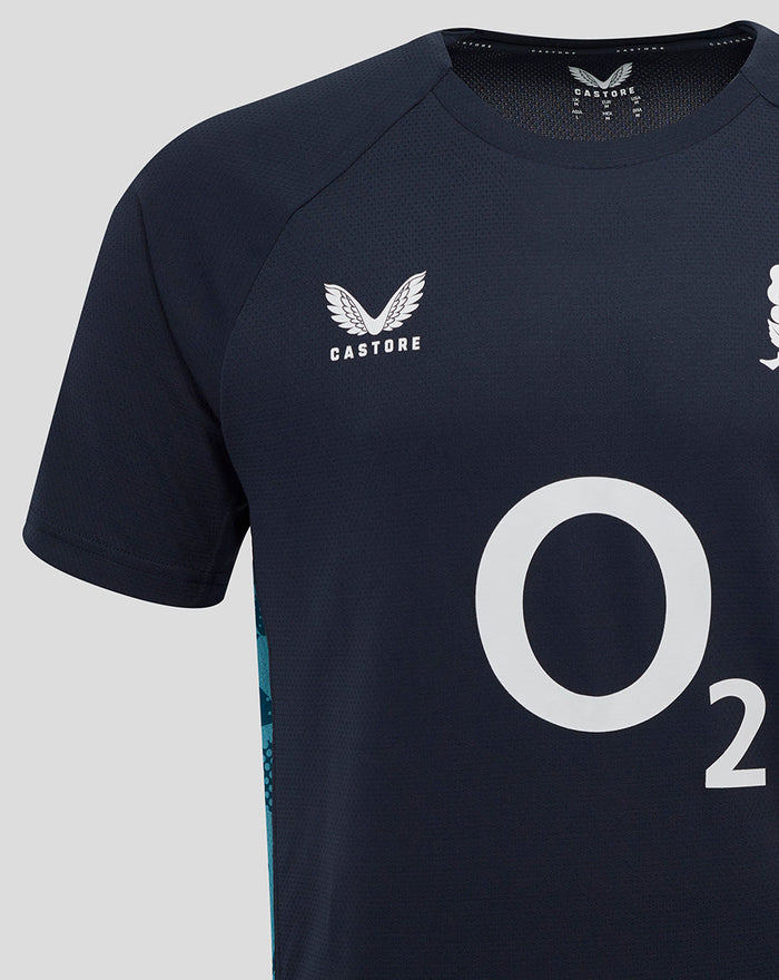 Navy performance T shirt featuring Castore branding on chest and rose crest on the left