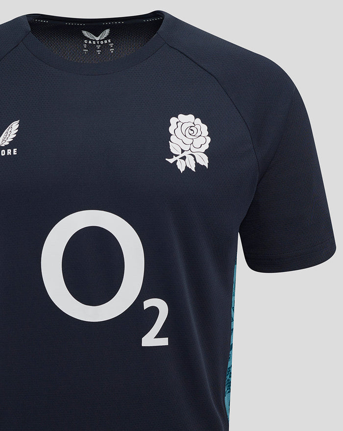 Navy England Rugby performance T shirt with rose crest on left chest and large O2 logo centered on front
