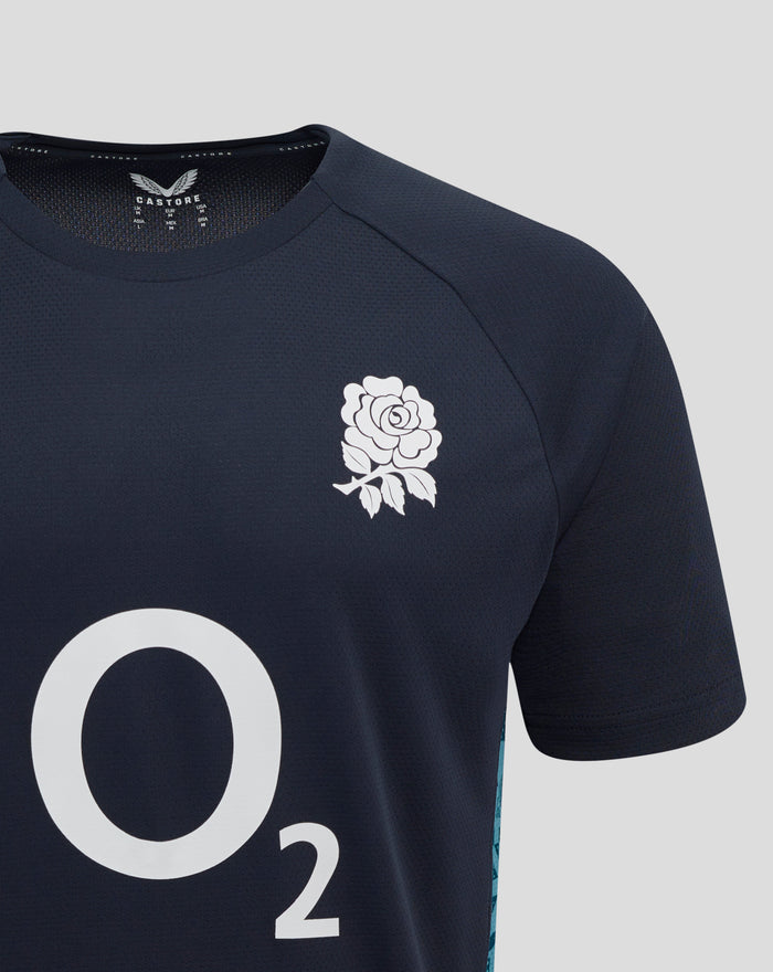 Navy Women’s England Rugby performance short sleeve T shirt with rose crest left chest O2 logo center and Castore logo right chest
