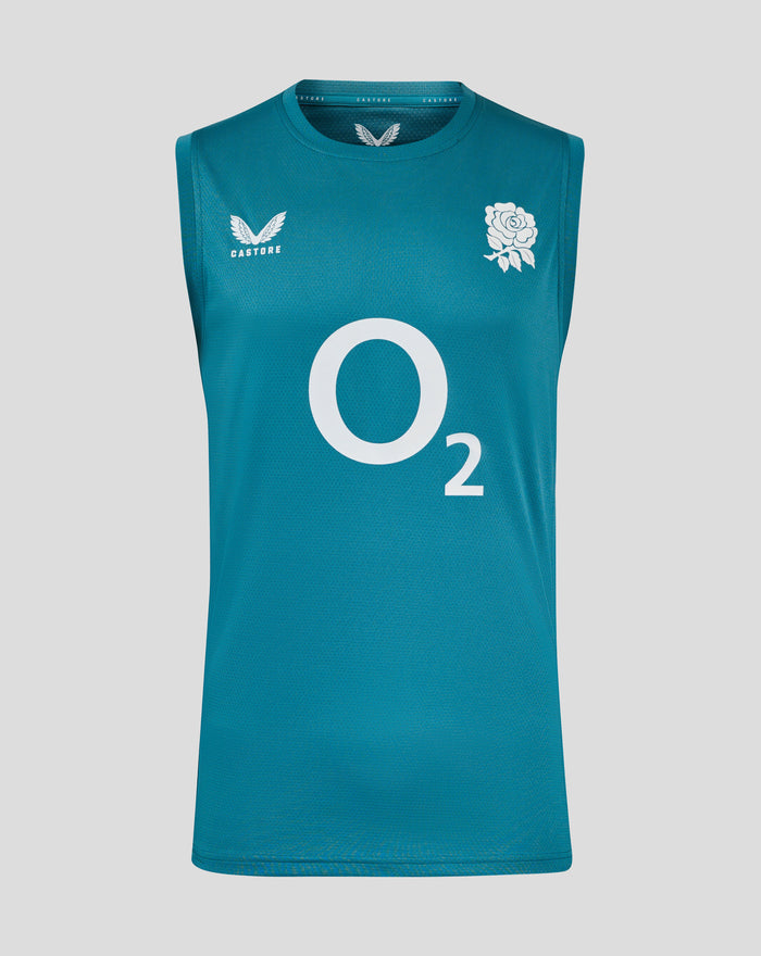 Storm blue England Rugby sleeveless performance tee with large O2 logo center and rose crest on left chest