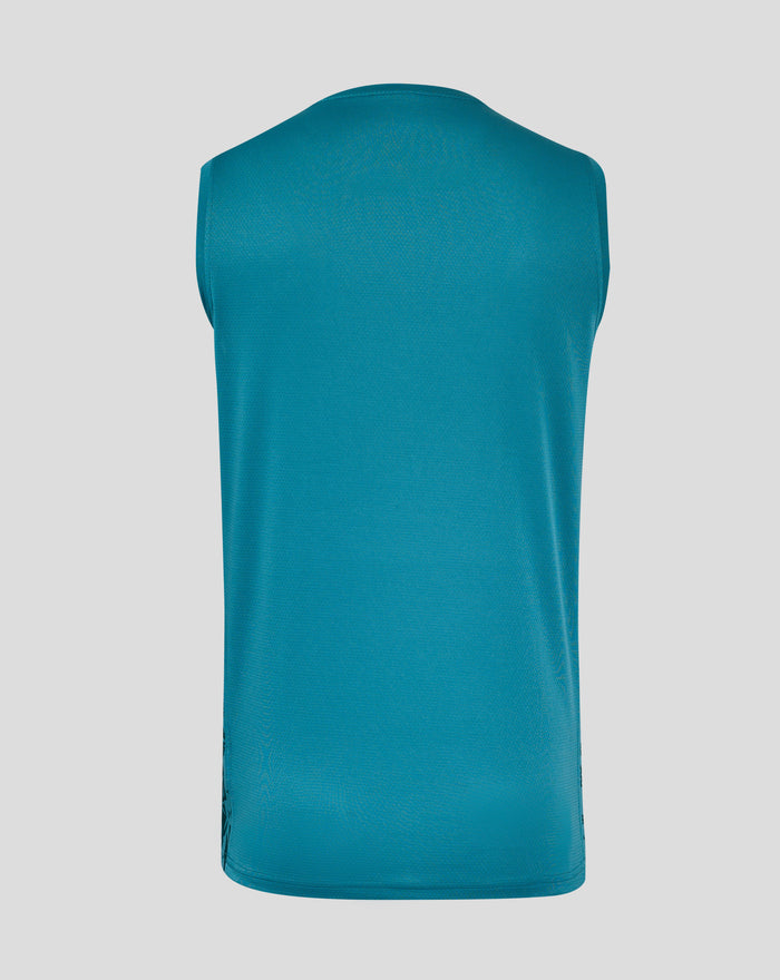 Back view of storm blue men's England Rugby sleeveless T shirt with dropped back hem