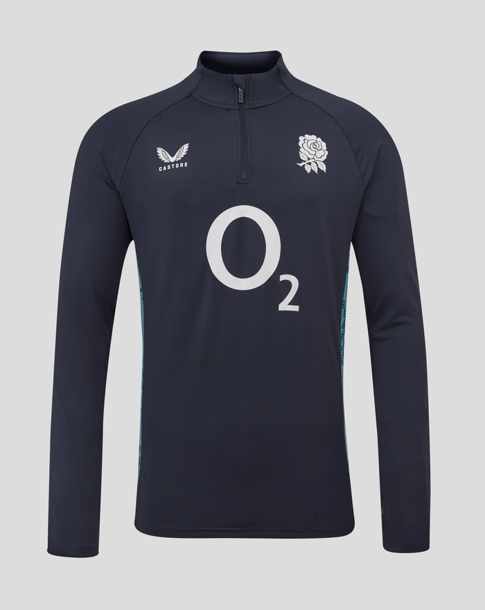 Front view of navy Inkwell Men’s England Rugby 25/26 Performance Long Sleeve Midlayer Top with O2 sponsor and rose crest