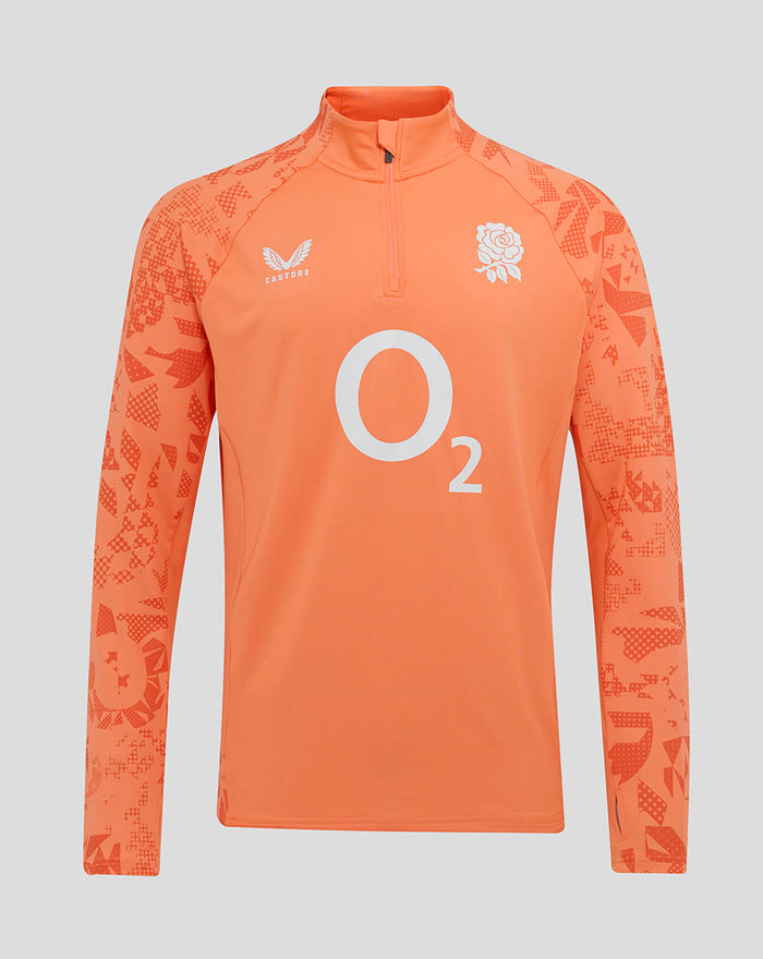 Front view of vivid melon long sleeve England Rugby midlayer with center zip and printed sleeves