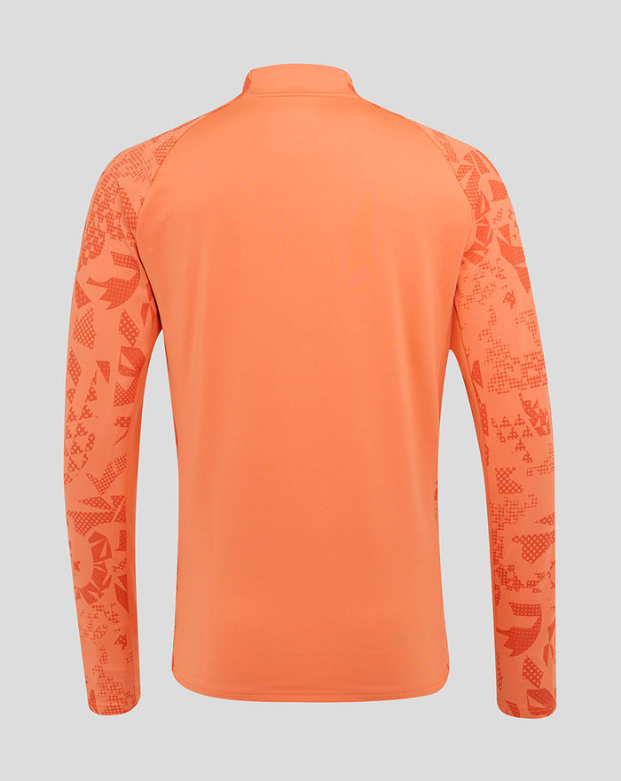 Back view of orange long sleeve England Rugby midlayer with abstract print on sleeves