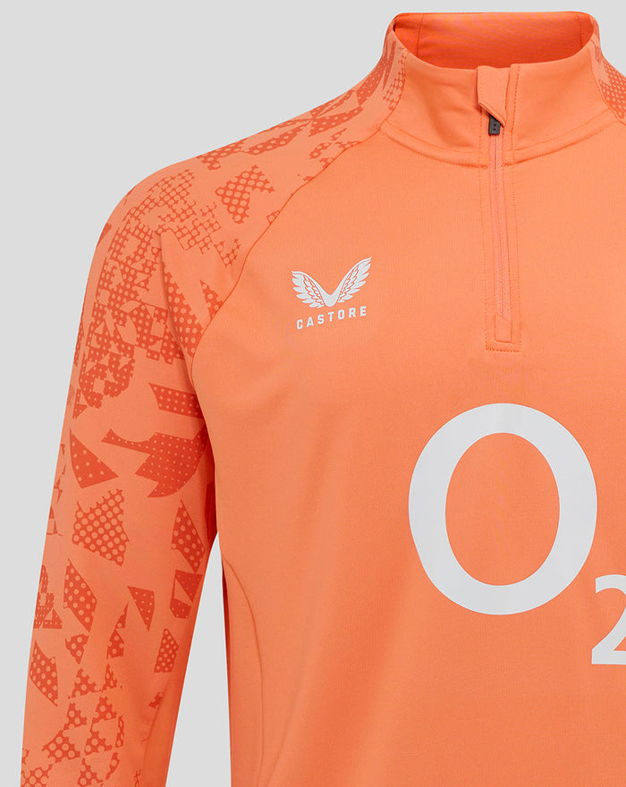 Front view of melon England Cup midlayer top with funnel neck and quarter zip, Castore logo on right chest and large O2 emblem center