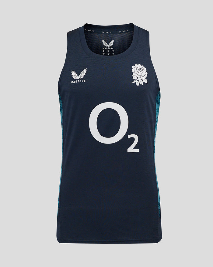 Navy England Rugby performance sleeveless singlet with center O2 logo, rose crest left chest, and teal side panel accents.