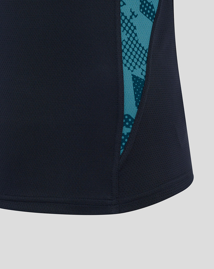 Front view of navy England rugby sleeveless singlet with abstract blue side panels rose crest and O2 center logo with Castore branding