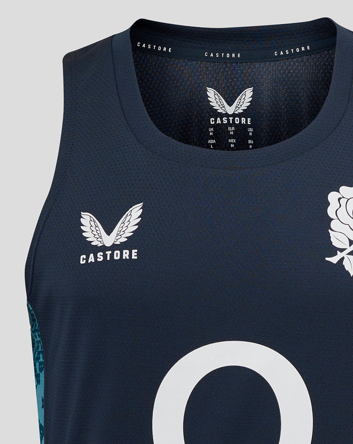 Navy England rugby sleeveless singlet with rose crest left chest O2 center logo and Castore branding