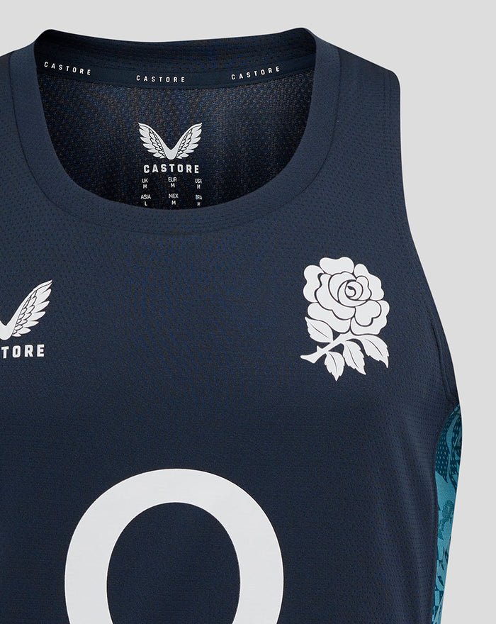 Navy England Rugby sleeveless singlet with rose crest left chest, O2 center, Castore right chest and abstract panels.