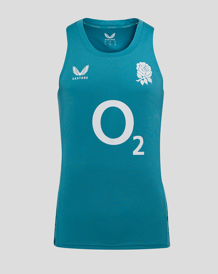 Storm blue England rugby sleeveless singlet with large O2 logo center front rose crest on right chest and Castore branding