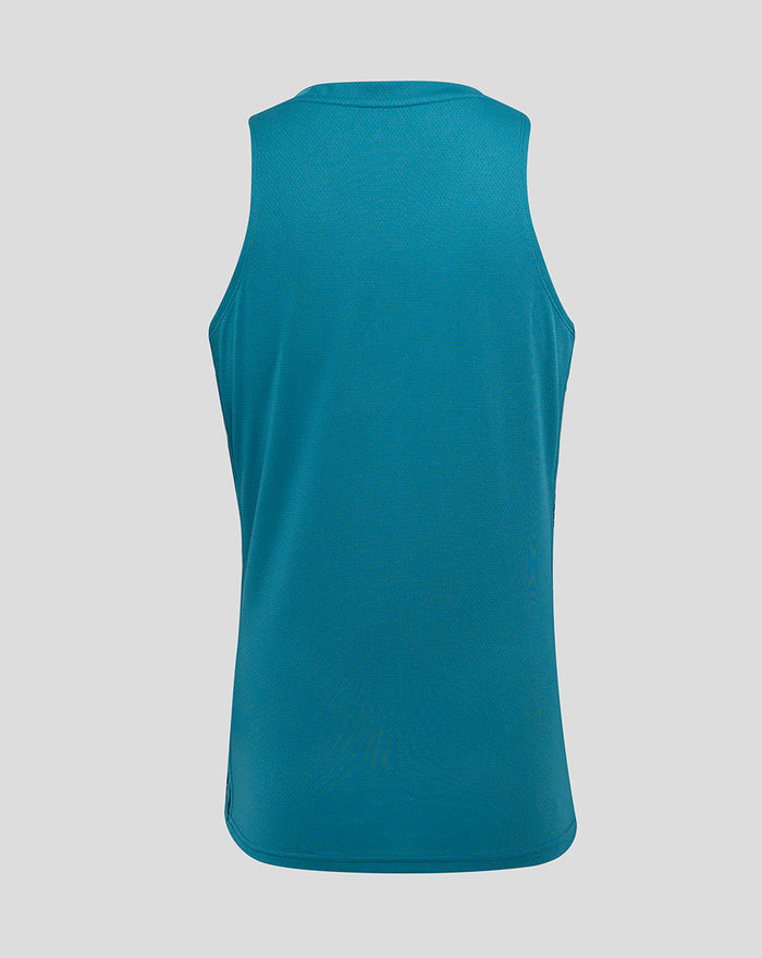 Back view of storm blue Men’s England Rugby sleeveless singlet with dropped back hem