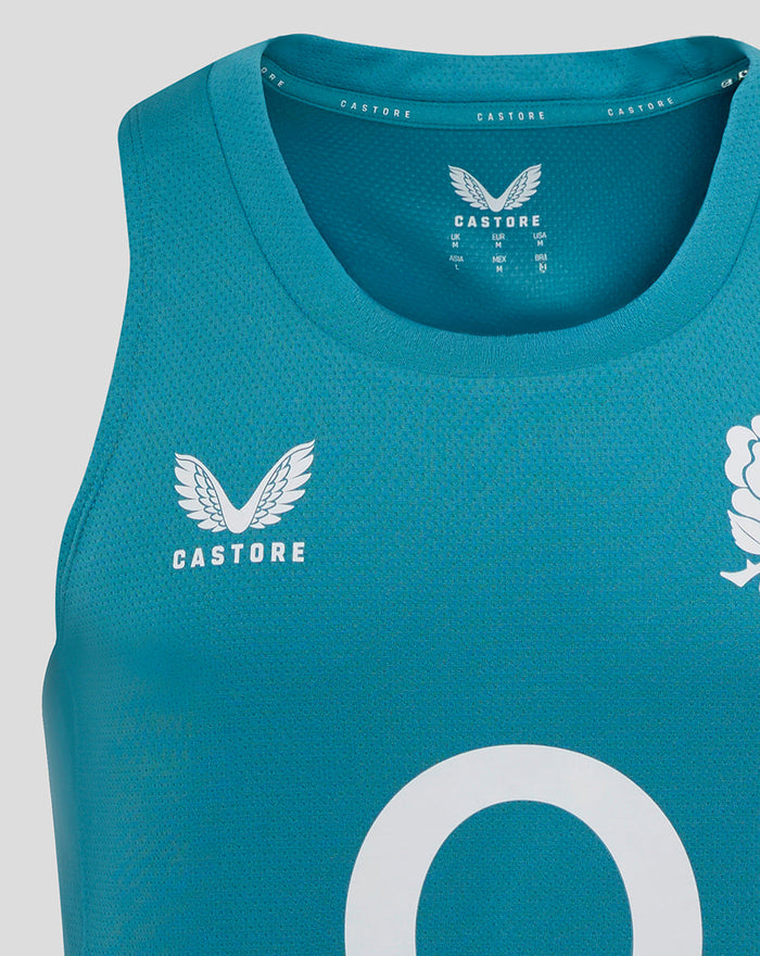 Front chest close-up of storm blue sleeveless England Rugby singlet with Rose crest and large white graphic