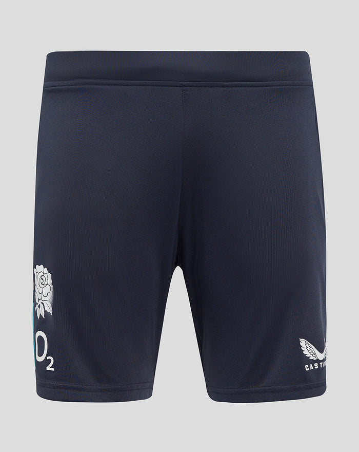 Back view of navy performance knit shorts with elastic waistband and subtle seam details