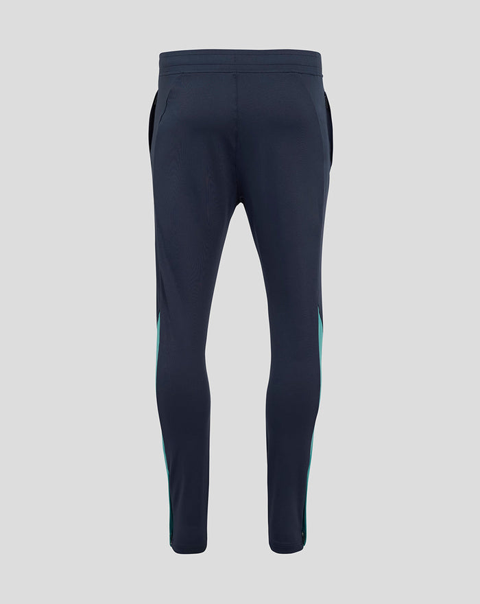 Back view of navy Men’s England Rugby performance knit pants with teal side panels and ribbed cuffs