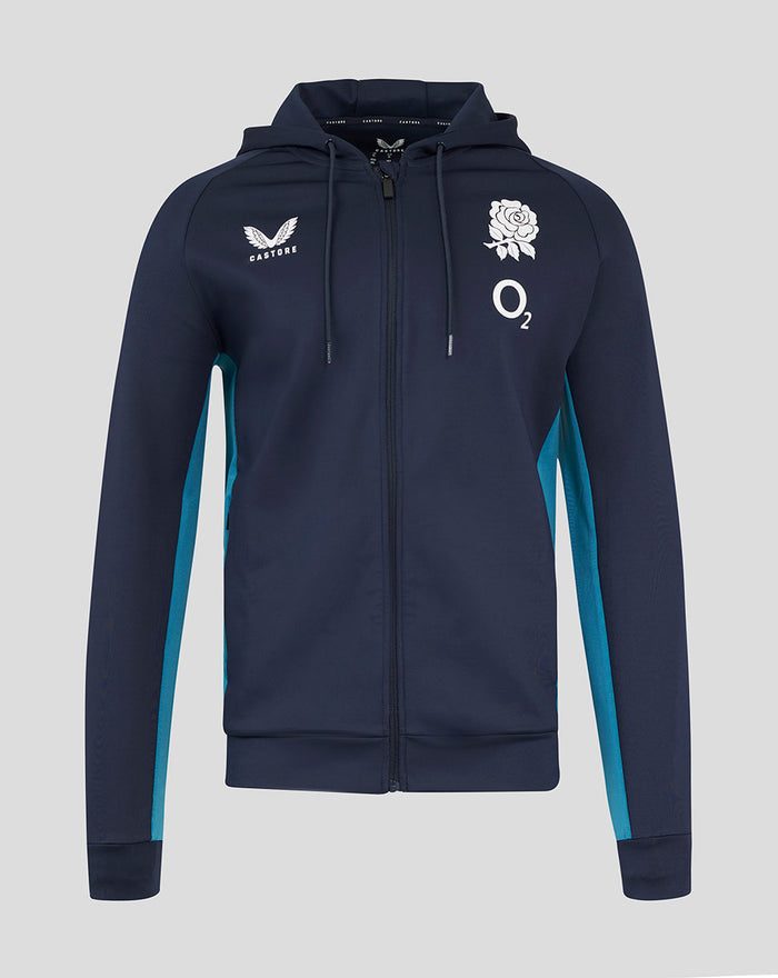Front view of navy England Rugby performance hoodie with rose crest O2 logo and teal side panels