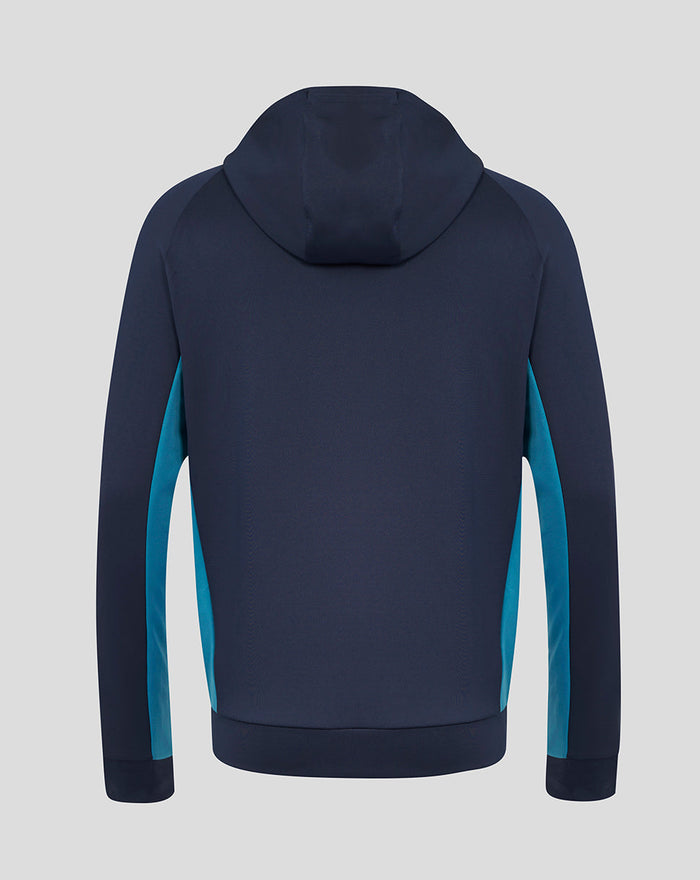 Back view of navy England Rugby hoodie with teal side panels and attached hood