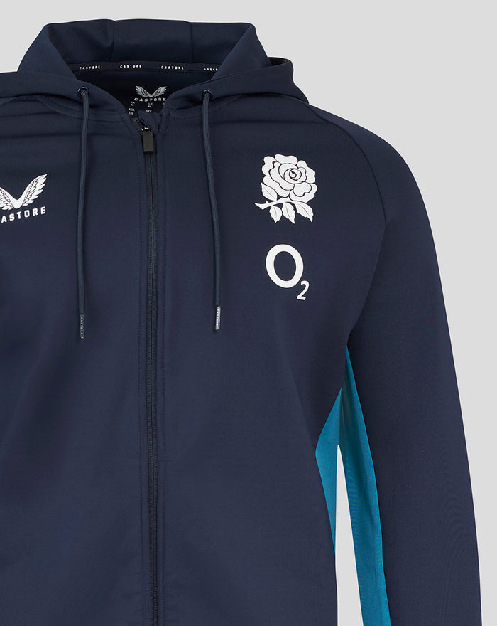 Inkwell navy England Rugby hoodie with rose crest and O2 on the right chest and Castore on the left chest