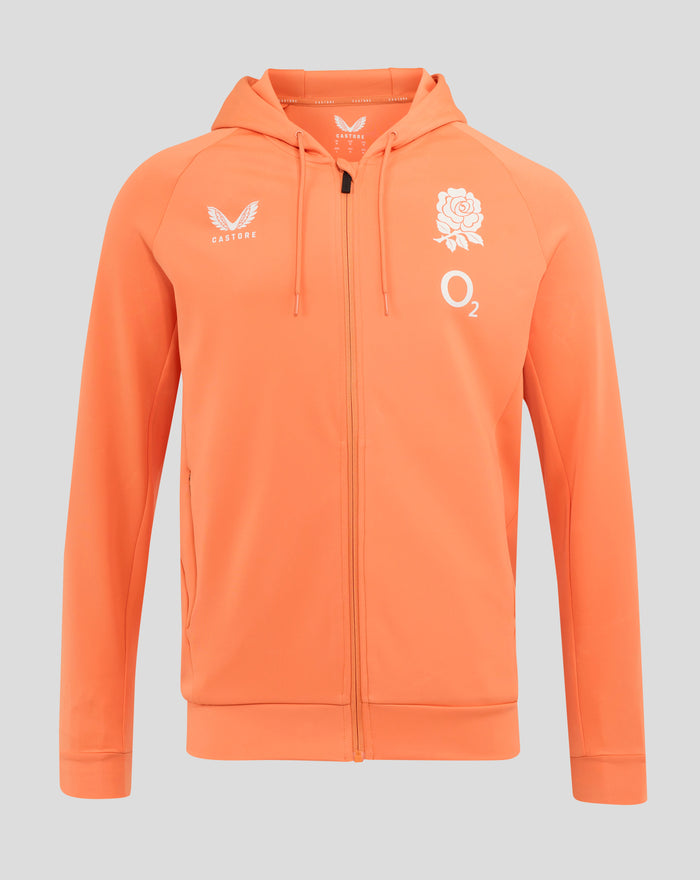 Front view of melon England Rugby hoodie with full zip and three piece hood; rose crest and O2 logos on chest with Castore branding