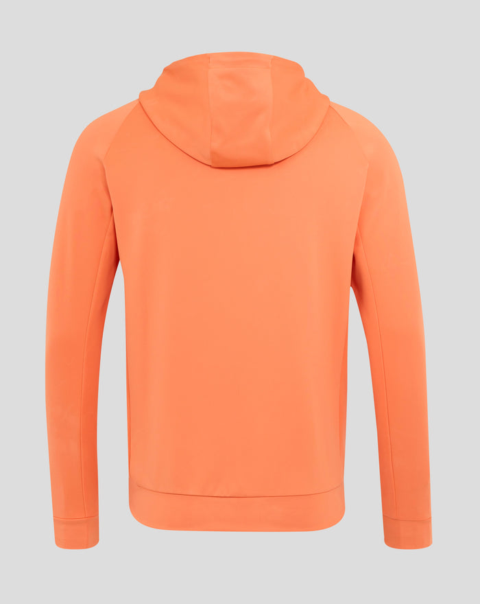 Rear view of melon England Rugby hoodie with hood in place and visible interior neck label