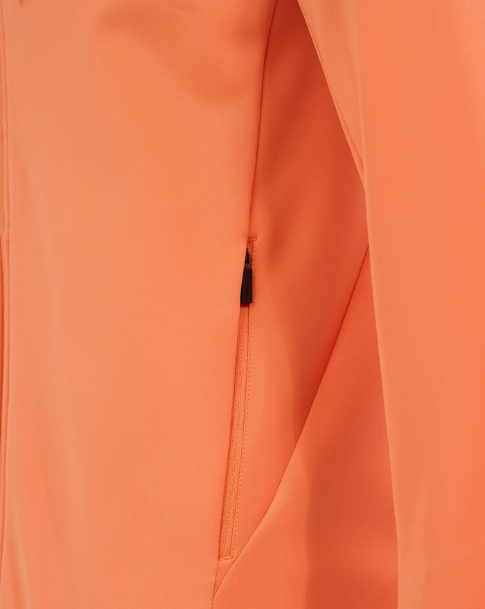 Close up of the orange England Rugby hoodie chest area with zipper and hood details and Castore branding