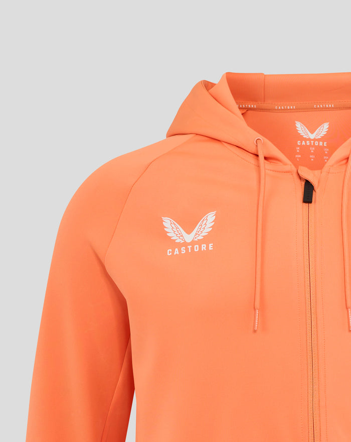Close up of the orange Melon England Rugby full zip hoodie showing hood and front zipper with Castore branding at the neck