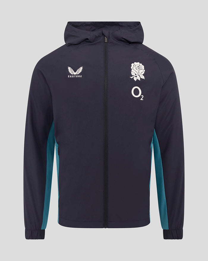 Front view of navy England rugby performance long sleeve shower jacket with rose crest on left chest and O2 branding.