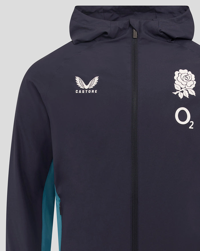 Front view of navy performance shower jacket with hood and full zip teal side panels Castore logo on left chest rose crest and O2 on right.