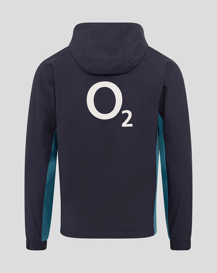 Back view of navy England Rugby shower jacket with large O2 logo on the back and teal side panels.