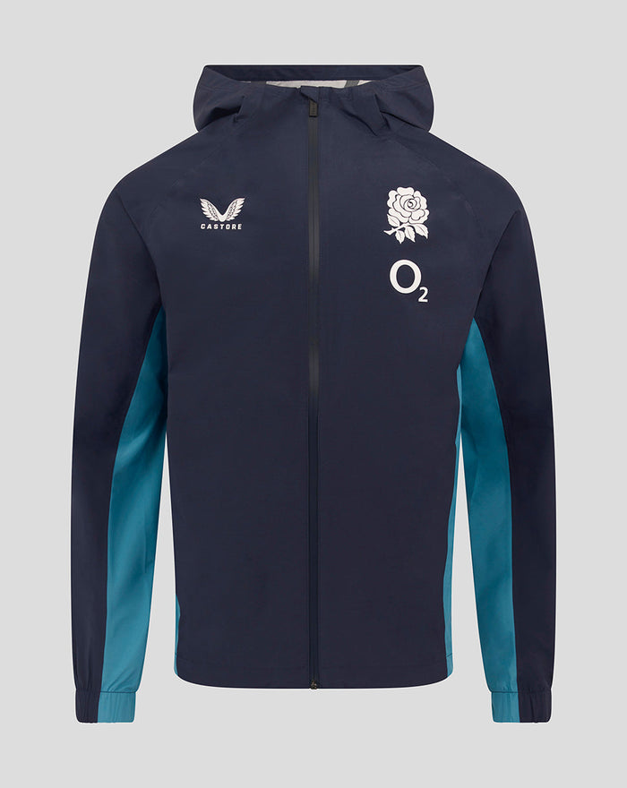 Front view of navy England Rugby performance long sleeve rain jacket with teal sleeve panels and hood