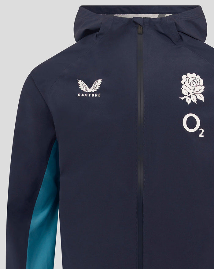 Front view of the jacket with Castore logo on the left chest and O2 logo with a rose crest on the right chest.