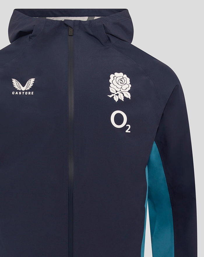 Navy England Rugby rain jacket with hood and full zipper, rose crest on chest, O2 logo and Castore branding with teal side panels