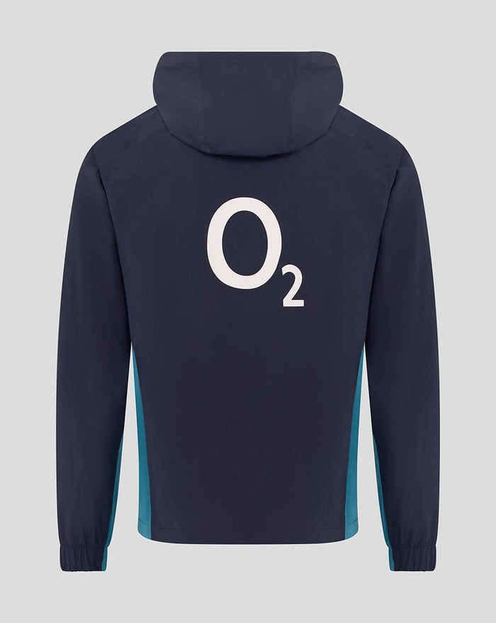 Back view of navy England rugby rain jacket with a large white O2 logo on the back.