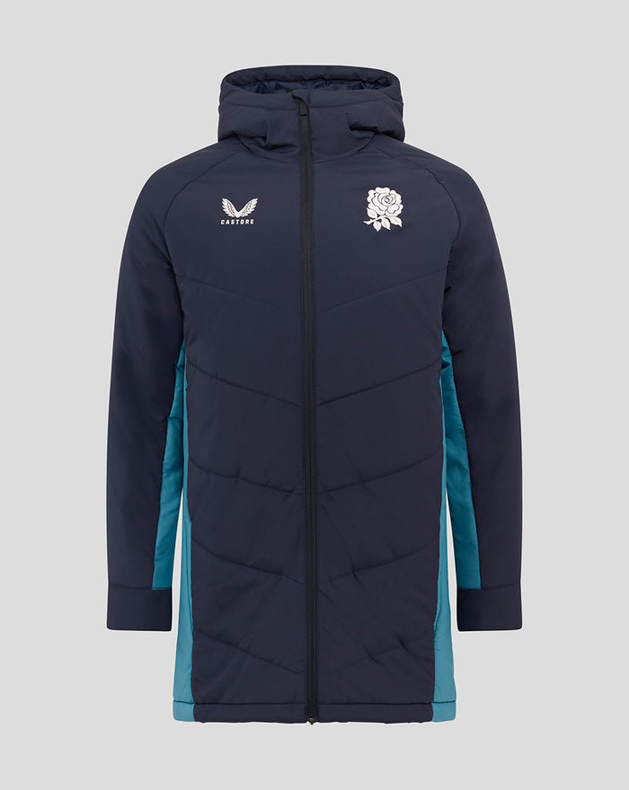 Navy padded rugby jacket with hood, rose crest and O2 logo on left chest and Castore logo on right chest