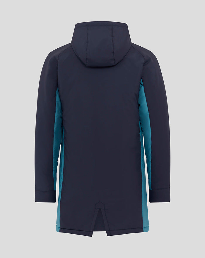 Back view of navy padded jacket with teal side panels and hood