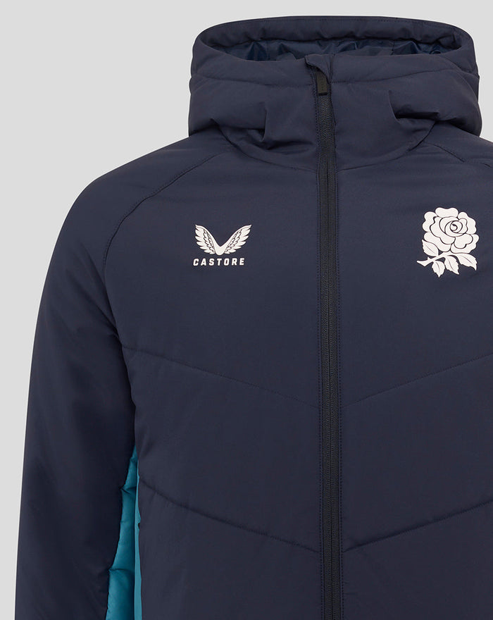 Navy padded jacket with hood and front zip, featuring a white rose crest on the chest and the Castore logo