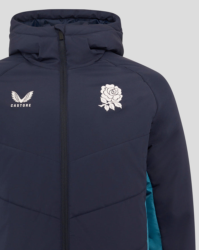 Navy England Rugby padded jacket close-up with Castore logo on the chest and a white rose crest, teal interior panel visible