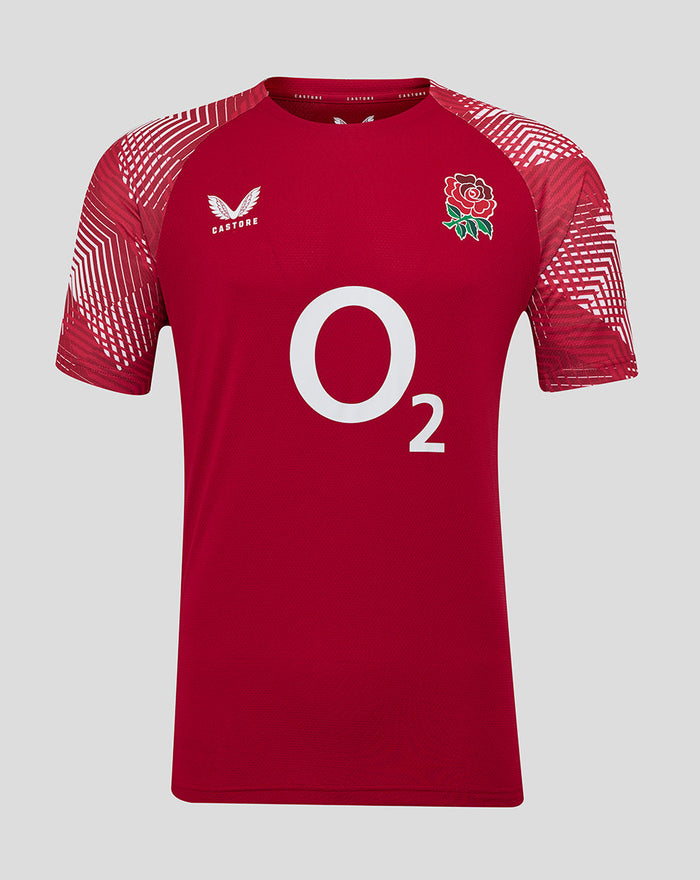 Red England Rugby Pre Match T shirt with rose crest on left chest, O2 logo center, and Castore badge on right chest
