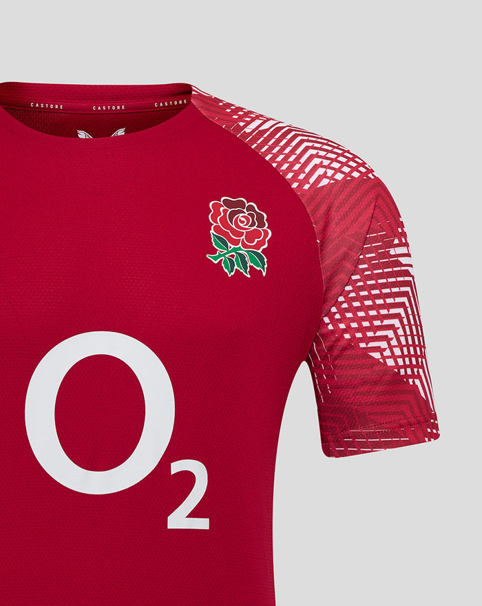 England Rugby pre match red jersey with rose crest on left chest O2 logo center and abstract sleeve print
