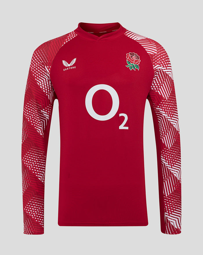 Front view of red England Rugby long sleeve drill top with center O2 logo and left chest rose crest and abstract sleeve print