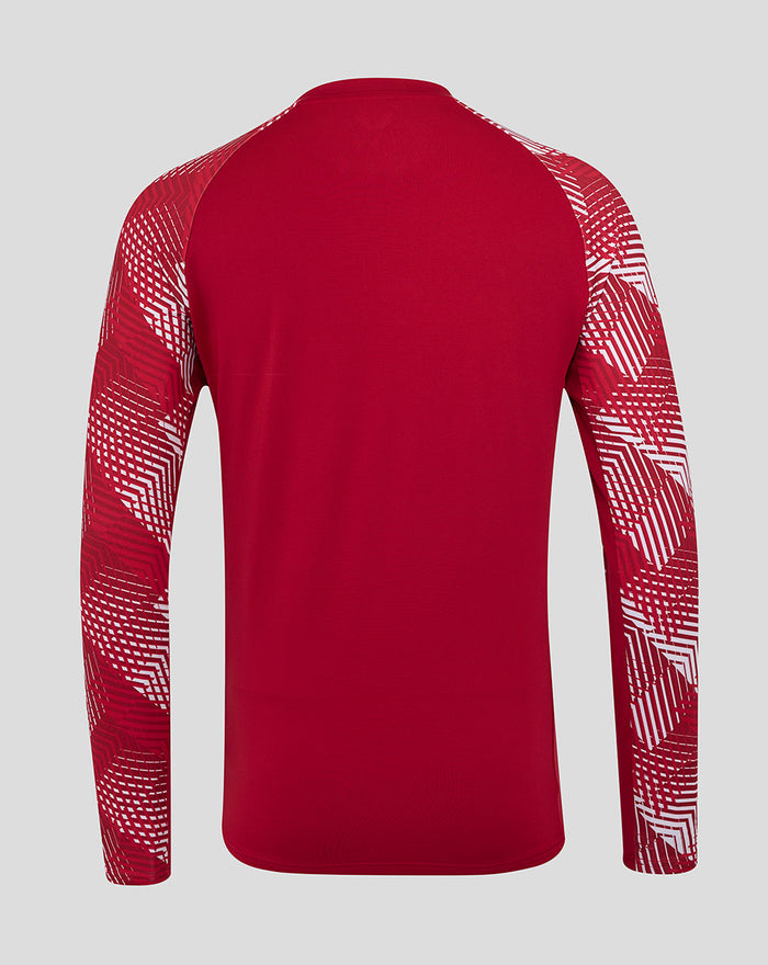 Back view of red England Rugby long sleeve drill top with geometric sleeve pattern