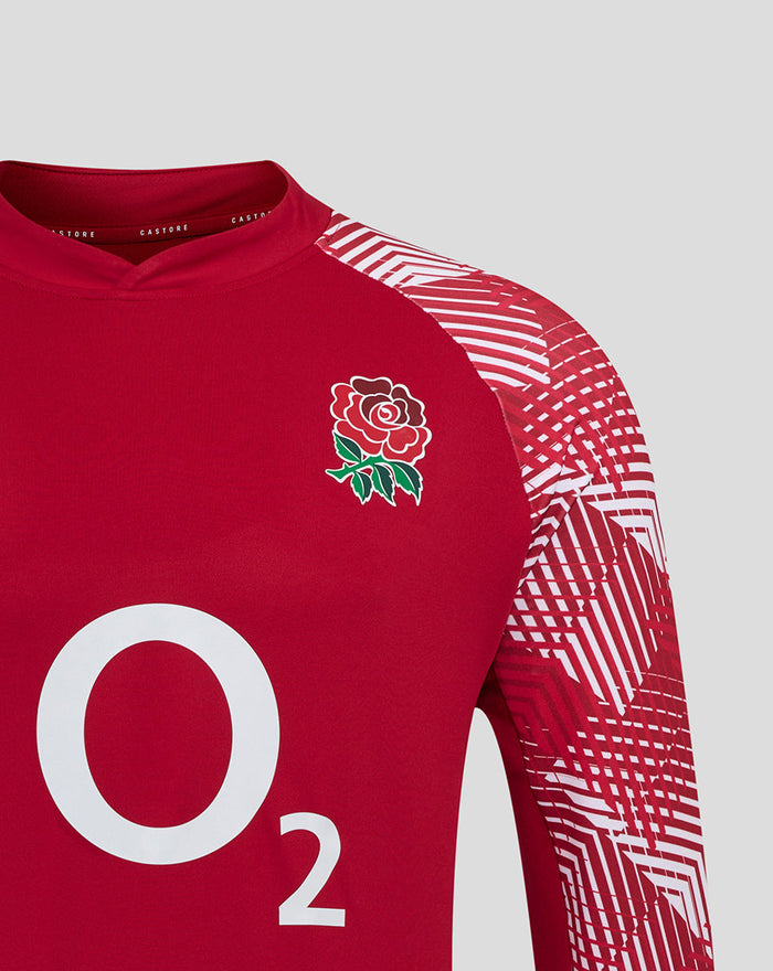 Men's England Rugby pre match long sleeve drill top in red with large O2 logo center front and rose crest on left chest and geometric sleeve print